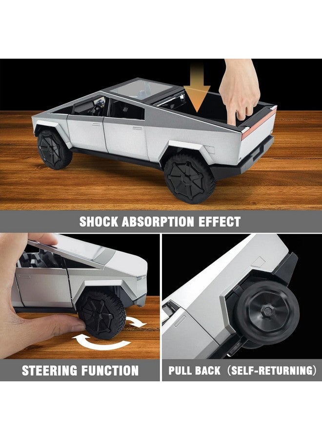 PLUSPOINT Diecast Toy Car Tesla Cyber Truck 1/24 Scale Model,Pull Back Vehicles Alloy Simulation Supercar with Lights and Sound Also for Car Dashboard,Kids,Adult - Image 3