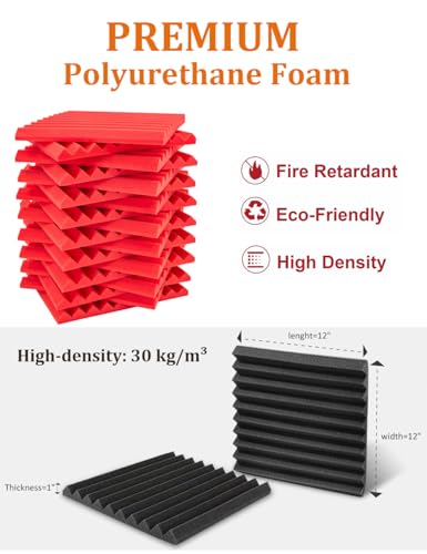 Saiqiang Acoustic Foams Panels 48 Pack 1 x 12x 12 Sound Proof Foam Panels for Walls High Density and Fire Resistant Soundproofing Panels Soundproof Studio Wedges Sound Dampening Panels Black Red - Image 3