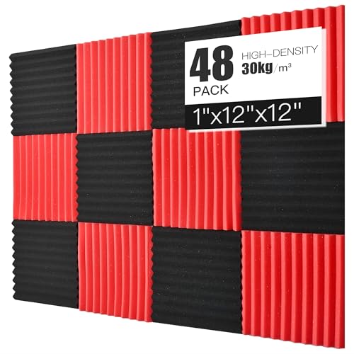 Saiqiang Acoustic Foams Panels 48 Pack 1 x 12x 12 Sound Proof Foam Panels for Walls High Density and Fire Resistant Soundproofing Panels Soundproof Studio Wedges Sound Dampening Panels Black Red - Image 1