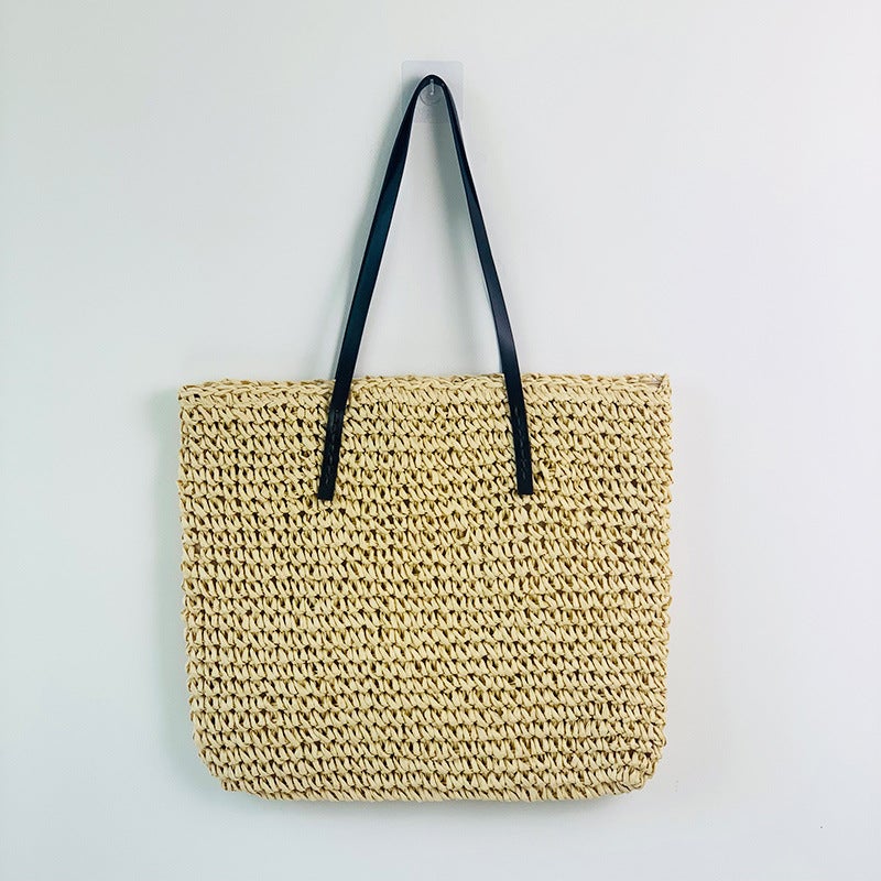 حقيبة شاطئية ملونة جديدة بسعة كبيرة لرحلة الربيع الجديدة، حقيبة كتف من القش، حقيبة توت عصرية - Image 1
