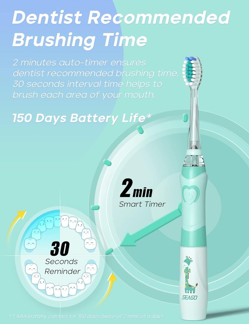 Seago Kids Electric Toothbrush with 2 Mins Brushing Timer and 4 Replacement Bursh Heads, Rainbow LED Light Make Brushing Fun, Green Color Boys Battery Powerd Toothbrush for 4-12 Years Old，SG-977 - Image 4
