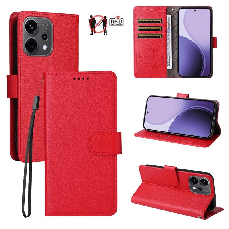 erorex For OPPO Reno13 / Reno14 Global / Reno14 F 5G Litchi Texture RFID Blocking 3-Card Wallet Leather Phone Case(Red) - Image 1