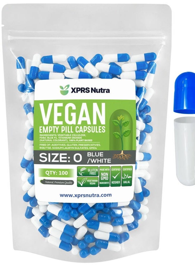 XPRS Nutra Size 0 Empty Capsules - 100 Count Empty Vegan Capsules - Vegetarian Empty Pill Capsules - DIY Vegetable Capsule Filling - Veggie Pill Capsules Empty Caps (Blue/White) - Image 1