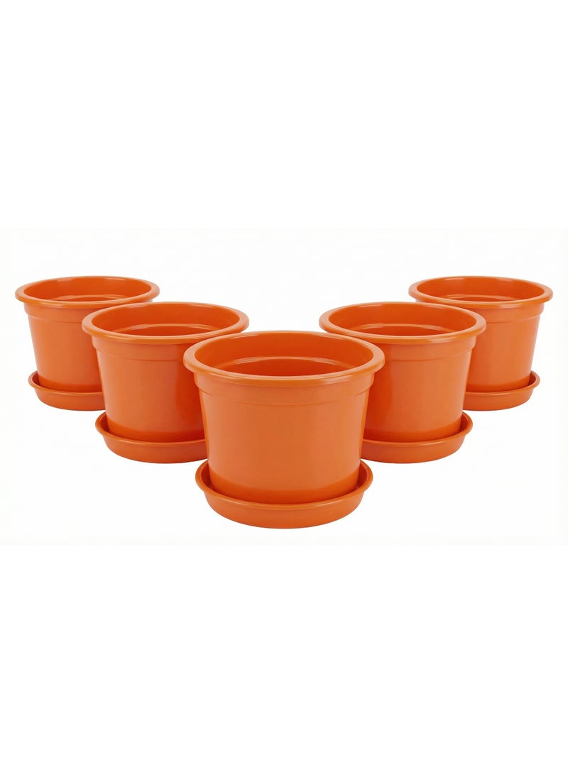 Round planting pot set with saucers for houseplants, flowers, herbs, and seedlings - Plastic pots for home, balcony, and garden - 15cm - 5 pots - Orange - Image 1