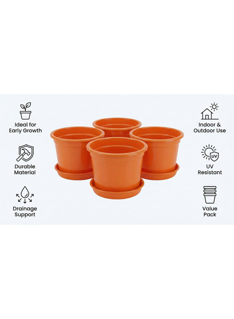 Round planting pot set with saucers for houseplants, flowers, herbs, and seedlings - Plastic pots for home, balcony, and garden - 15cm - 5 pots - Orange - Image 2
