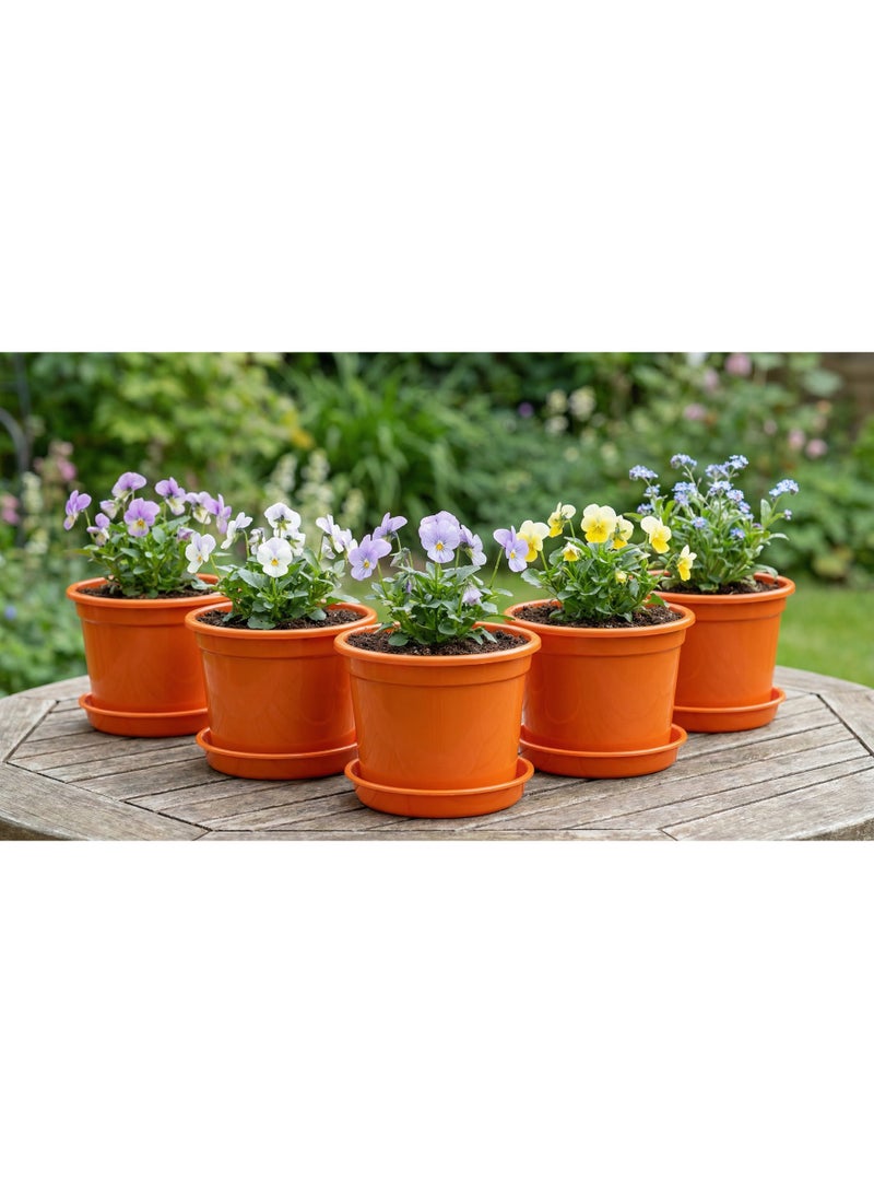 Round planting pot set with saucers for houseplants, flowers, herbs, and seedlings - Plastic pots for home, balcony, and garden - 15cm - 5 pots - Orange - Image 5