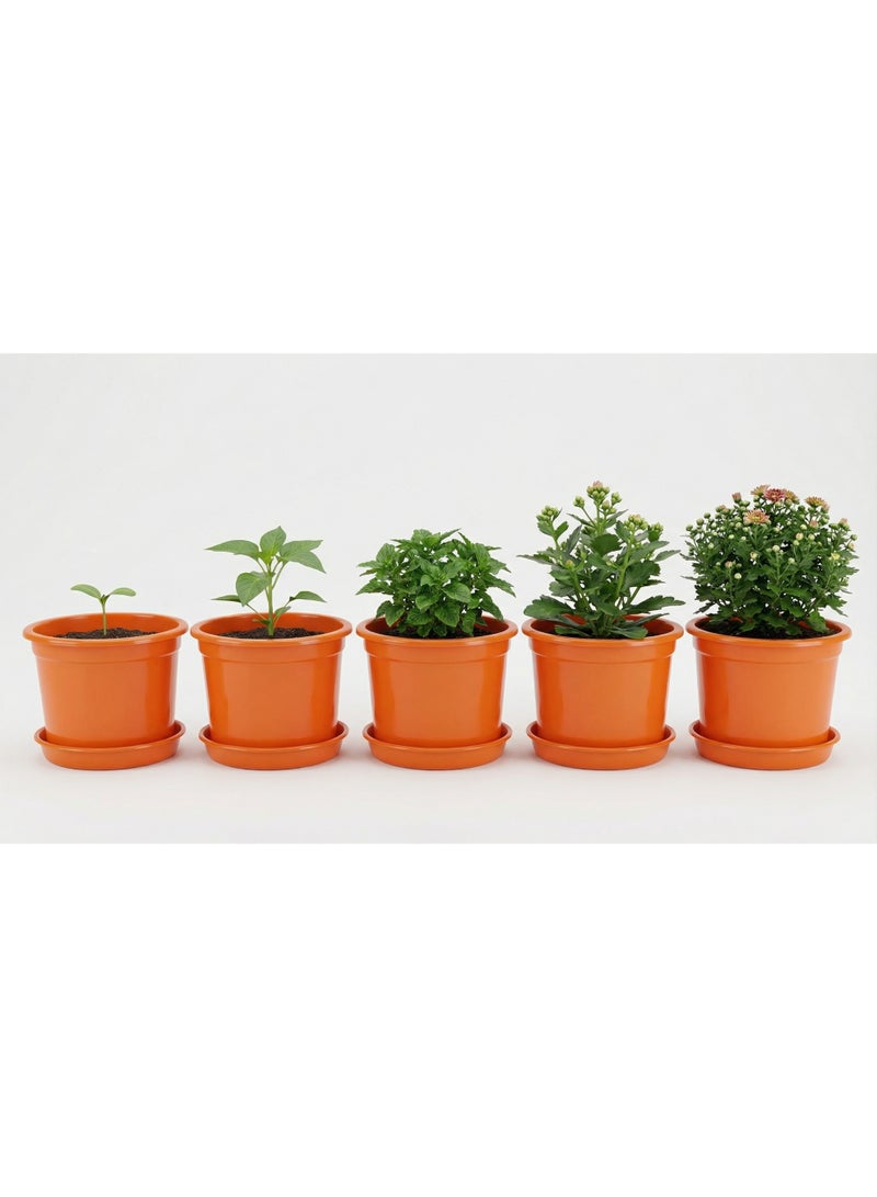 Round planting pot set with saucers for houseplants, flowers, herbs, and seedlings - Plastic pots for home, balcony, and garden - 15cm - 5 pots - Orange - Image 4