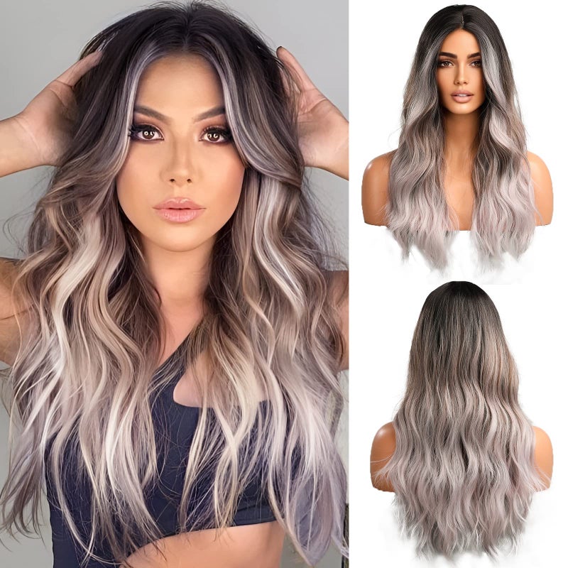 OUFEI Long Wavy Ombre Black Gray Wigs for Women Natural Synthetic Hair Heat Resistant Wigs for Daily Party Cosplay Wear22 Inches - Image 2