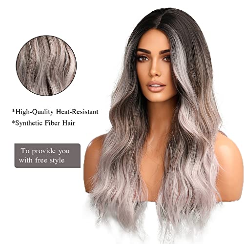 OUFEI Long Wavy Ombre Black Gray Wigs for Women Natural Synthetic Hair Heat Resistant Wigs for Daily Party Cosplay Wear22 Inches - Image 3