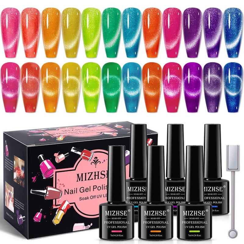 MIZHSE Neon Cat Eye Gel Polish Kit with 3D Metal Stick - 12-Color Glitter Magnetic Gel Polish Set Red Yellow Green Hot Pink Purple - Bright Nail Art Manicure Gift for Women - Image 1