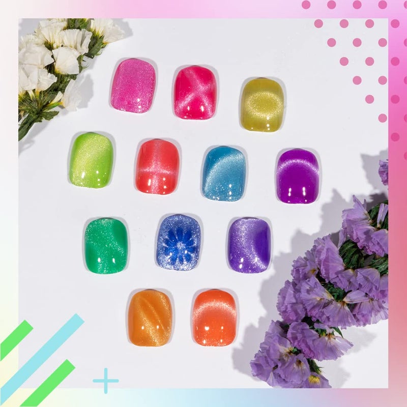 MIZHSE Neon Cat Eye Gel Polish Kit with 3D Metal Stick - 12-Color Glitter Magnetic Gel Polish Set Red Yellow Green Hot Pink Purple - Bright Nail Art Manicure Gift for Women - Image 4