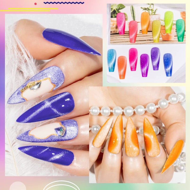 MIZHSE Neon Cat Eye Gel Polish Kit with 3D Metal Stick - 12-Color Glitter Magnetic Gel Polish Set Red Yellow Green Hot Pink Purple - Bright Nail Art Manicure Gift for Women - Image 3