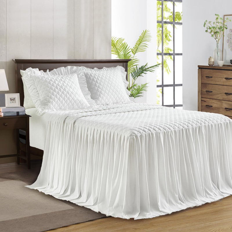 Uozzi Bedding Ruffle Skirt Bedspread Set - 30" Long Drop - Vintage Chic Ruffled Summer Coverlet Bed Spreads Quilt Boho Bedding Farmhouse Style Lightweight Luxurious Rustic 3 Piece Set Queen Size White - Image 1