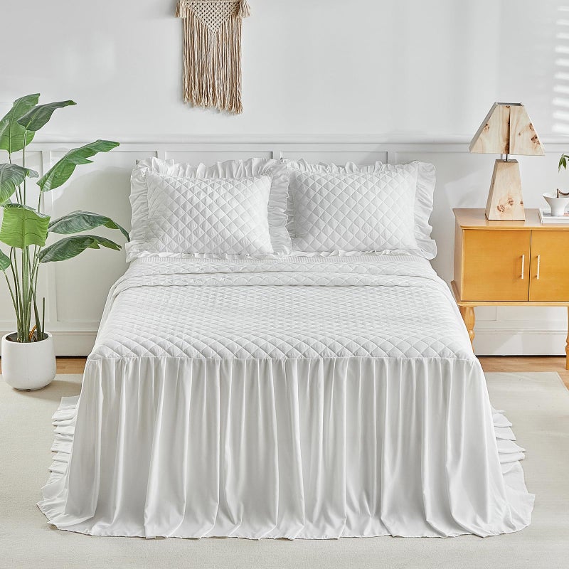 Uozzi Bedding Ruffle Skirt Bedspread Set - 30" Long Drop - Vintage Chic Ruffled Summer Coverlet Bed Spreads Quilt Boho Bedding Farmhouse Style Lightweight Luxurious Rustic 3 Piece Set Queen Size White - Image 3