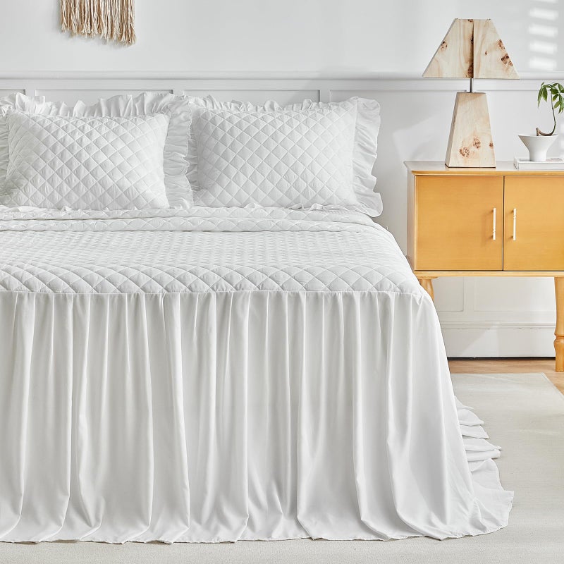 Uozzi Bedding Ruffle Skirt Bedspread Set - 30" Long Drop - Vintage Chic Ruffled Summer Coverlet Bed Spreads Quilt Boho Bedding Farmhouse Style Lightweight Luxurious Rustic 3 Piece Set Queen Size White - Image 5