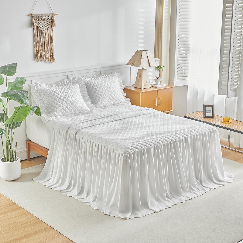 Uozzi Bedding Ruffle Skirt Bedspread Set - 30" Long Drop - Vintage Chic Ruffled Summer Coverlet Bed Spreads Quilt Boho Bedding Farmhouse Style Lightweight Luxurious Rustic 3 Piece Set Queen Size White - Image 4