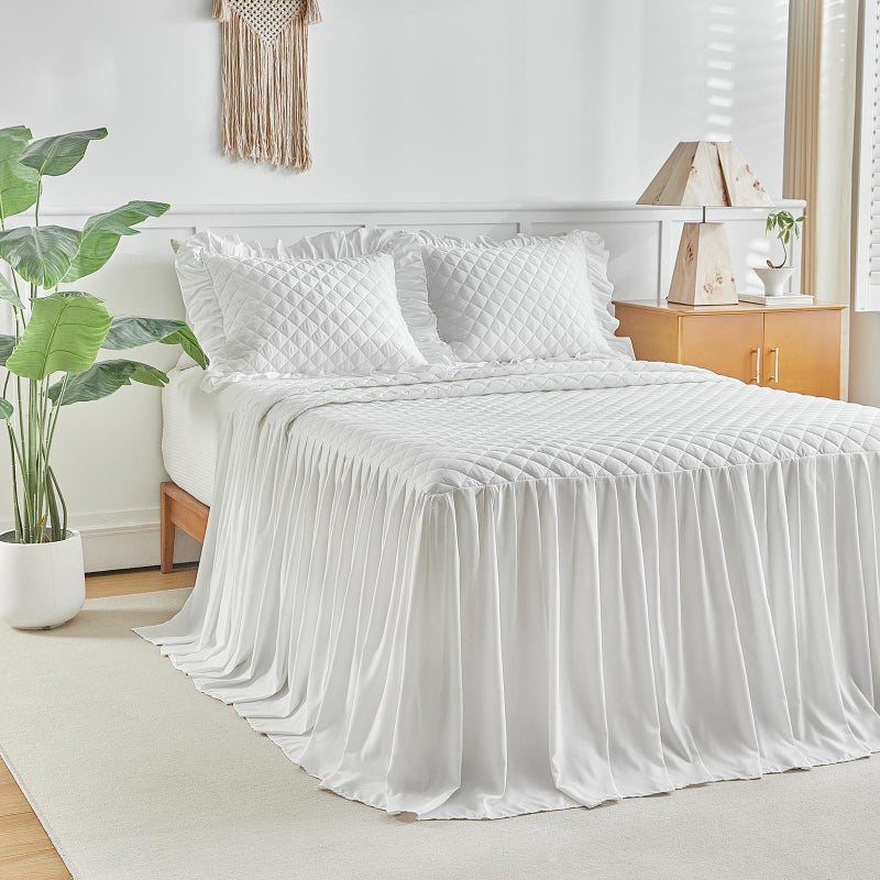 Uozzi Bedding Ruffle Skirt Bedspread Set - 30" Long Drop - Vintage Chic Ruffled Summer Coverlet Bed Spreads Quilt Boho Bedding Farmhouse Style Lightweight Luxurious Rustic 3 Piece Set Queen Size White - Image 2