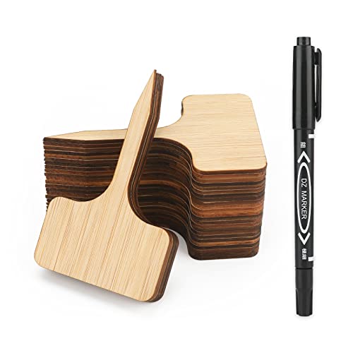 KINGLAKE 60 Pcs Bamboo Plant Labels, Garden Labels, Garden Plant Markers, T-Type Tags Nursery Labels, Wood Plant Labels, Waterproof Signs for Vegetable Plants with a Marker Pen - Image 1