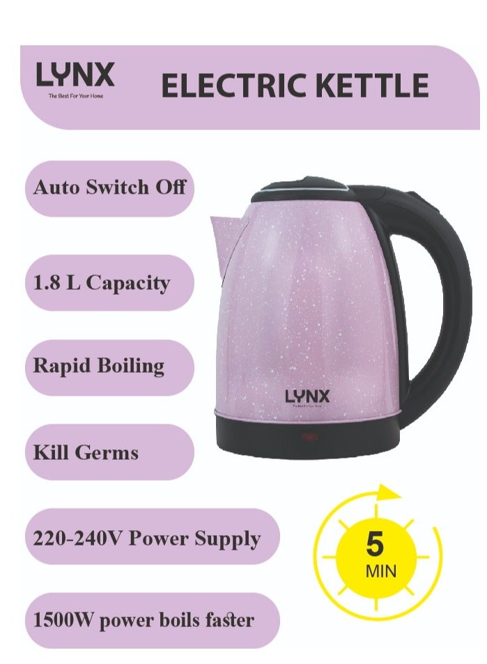 Lynx 1500W Pink Water Kettle, Elegant Pink Speckled Exterior, Ergonomic Handle for Easy Pouring, Fast Heating with 1.8L Capacity, Modern LED Indicator, Spill-Free Spout, Perfect Blend of Elegance and Power, KT-2105 - Image 5