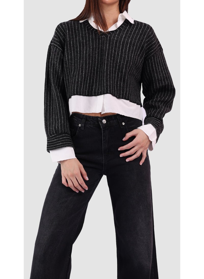 KYVELi Women’s Layered Look Knit Sweater with Attached Shirt – Black - Image 1