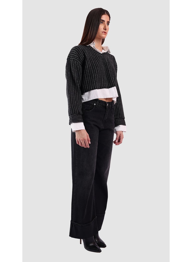 KYVELi Women’s Layered Look Knit Sweater with Attached Shirt – Black - Image 3