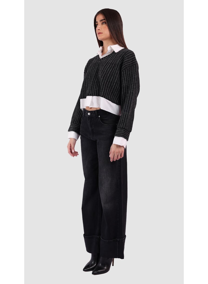 KYVELi Women’s Layered Look Knit Sweater with Attached Shirt – Black - Image 5