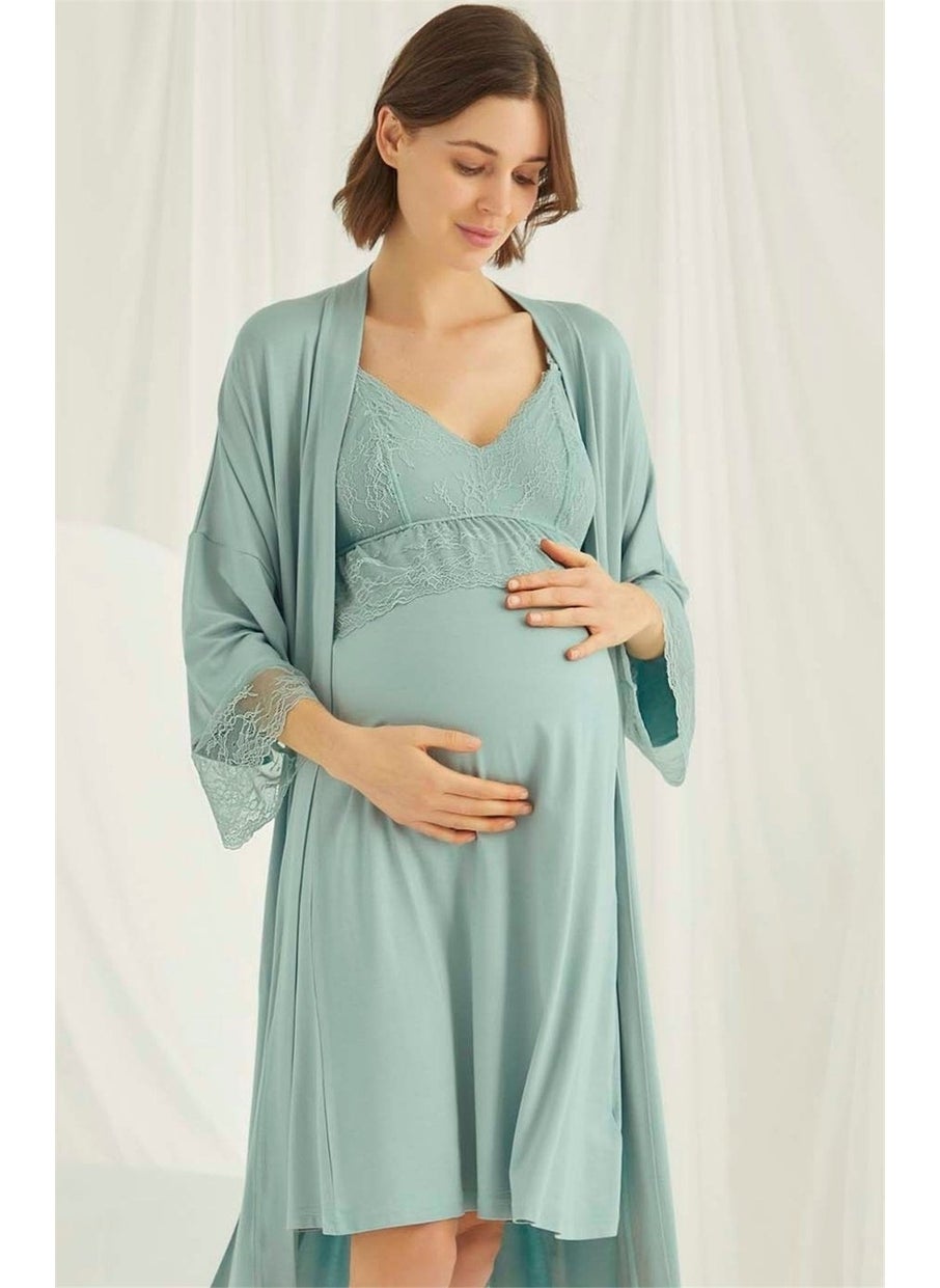 Monamise 18470 Women's Light Green Straped Breastfeeding Maternity Nightgown Dressing Gown Set  - Image 1