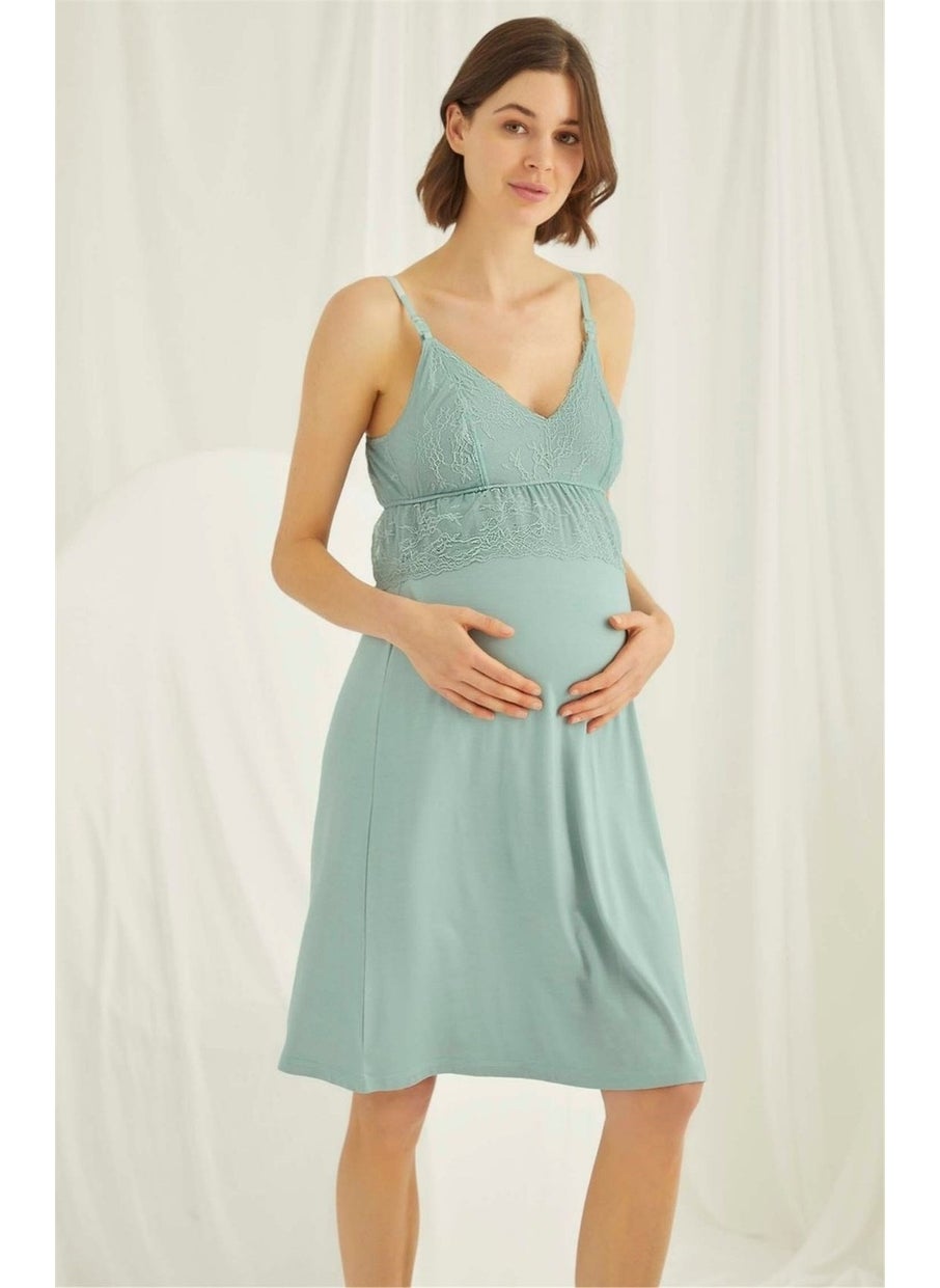 Monamise 18470 Women's Light Green Straped Breastfeeding Maternity Nightgown Dressing Gown Set  - Image 3