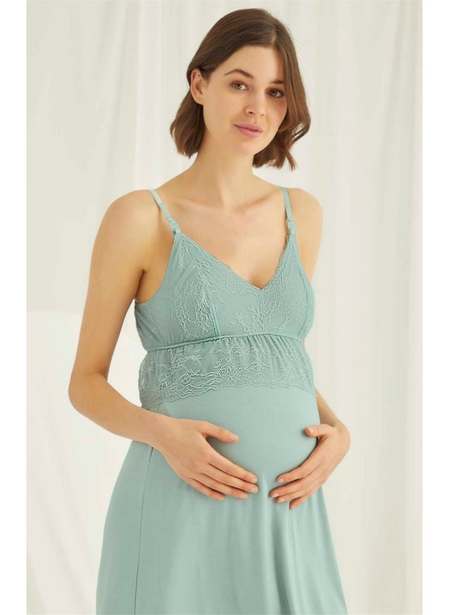 Monamise 18470 Women's Light Green Straped Breastfeeding Maternity Nightgown Dressing Gown Set  - Image 2