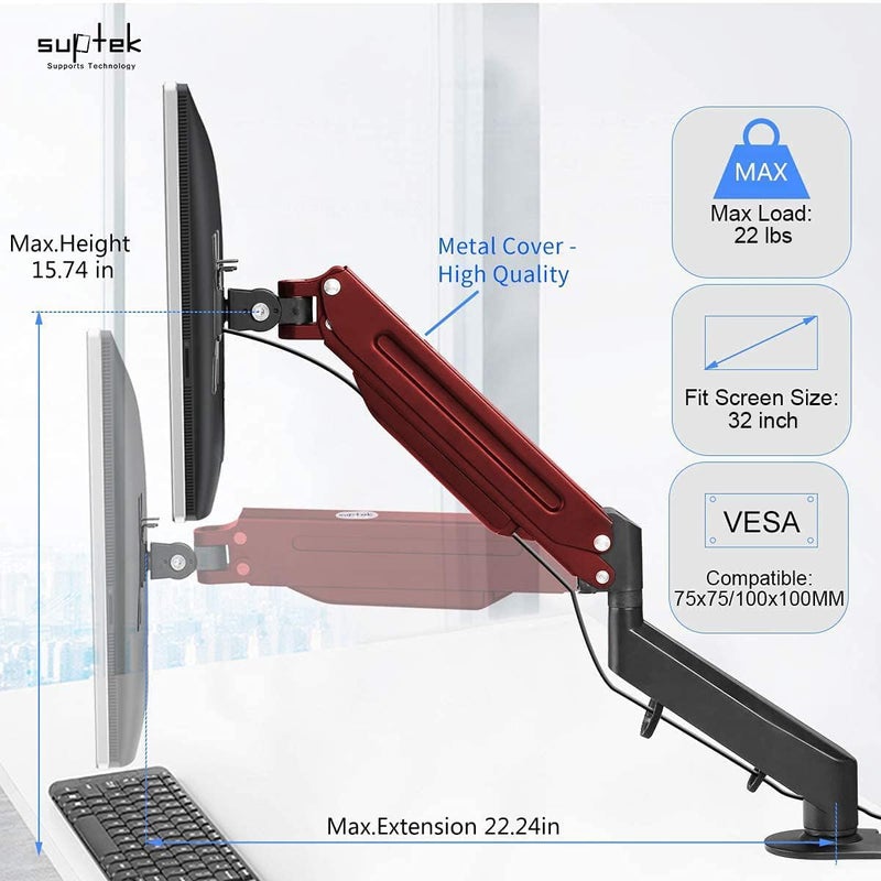 Suptek Monitor Mount Gas Spring Monitor Arm Desk Mount Fully Adjustable Fits 17 20 22 23 24 26 32 inch Monitors Weight Capacity up to 22 lbs - Image 2