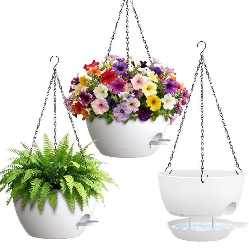 UOUZ Set of 3-10 Inch Self Watering Hanging Planters for Indoor Outdoorï¼ŒHanging Plant Pots with Drainage & Removable Tray, Hanging Pots for Pothos Plant, Spider Plants, Ferns, Balcony & Patio, White - Image 1
