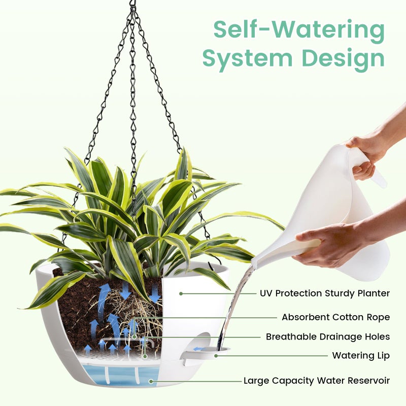 UOUZ Set of 3-10 Inch Self Watering Hanging Planters for Indoor Outdoorï¼ŒHanging Plant Pots with Drainage & Removable Tray, Hanging Pots for Pothos Plant, Spider Plants, Ferns, Balcony & Patio, White - Image 4