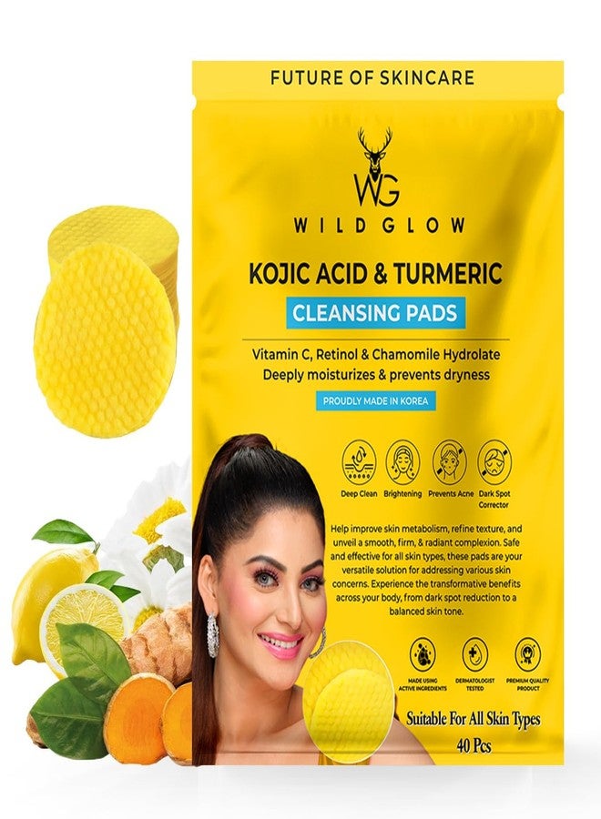 WILDGLOW Turmeric & Kojic Acid Face Cleansing Pads for Dark Spots, Skin Brightening, Acne & Makeup Removal | Vitamin C, Retinol & Chamomile Hydrolat | Women & Men | All Skin Type | 40 Pads Pack of 1 - Image 1