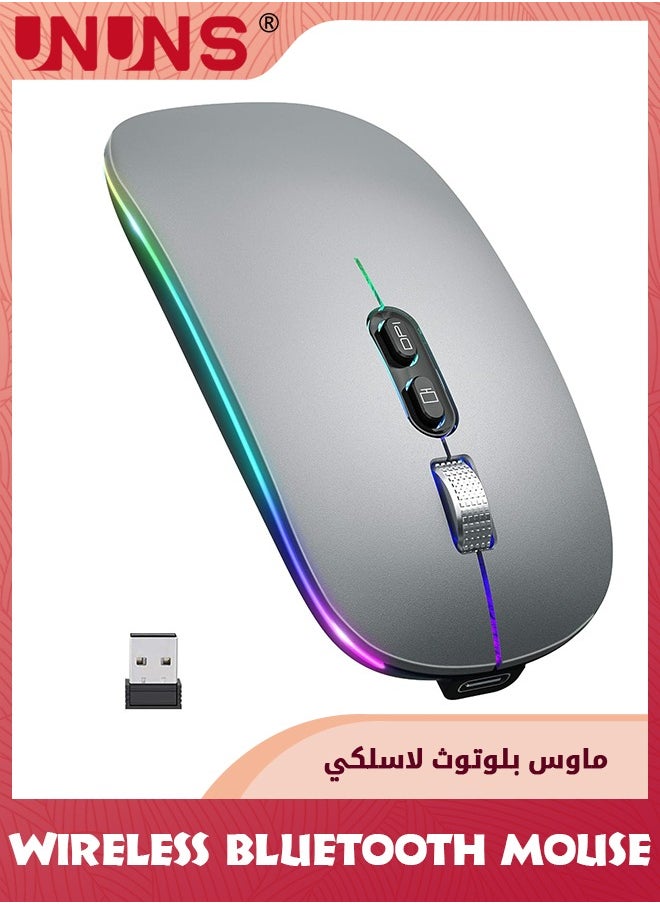 UNUNS - LED Wireless Bluetooth Mouse,Rechargeable Slim Silent Laptop Mouse,Portable BT5.2+2.4G USB Receiver Dual Mode Computer Mice,3 Adjustable DPI,Mouse For Notebook Tablet Phone,Grey - Image 1