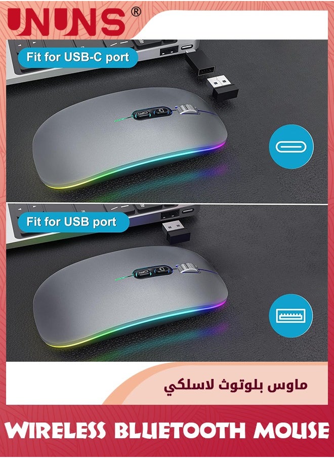 UNUNS - LED Wireless Bluetooth Mouse,Rechargeable Slim Silent Laptop Mouse,Portable BT5.2+2.4G USB Receiver Dual Mode Computer Mice,3 Adjustable DPI,Mouse For Notebook Tablet Phone,Grey - Image 1