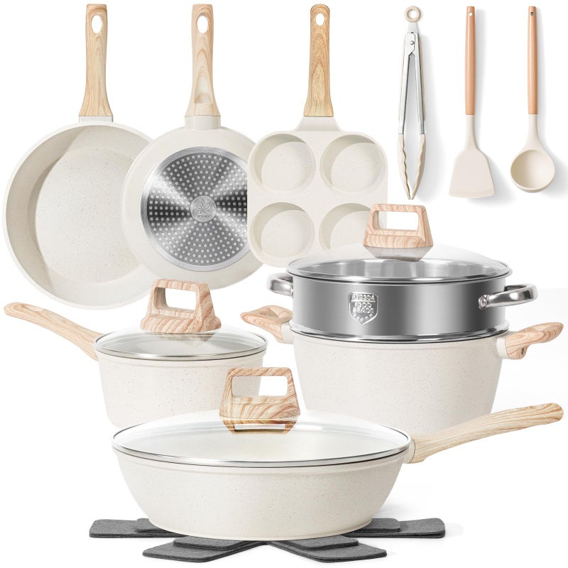 SODAY 17 Pcs Pots and Pans Set Non stickï¼ŒCookware Sets White Granite Induction Cookware, Non-toxic Healthy Non Stick Kitchen Cooking Set with Frying Pans Set, Saucepans (PFAS, PFOA, PFOS Free) White - Image 1