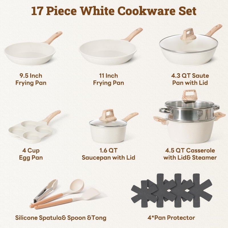 SODAY 17 Pcs Pots and Pans Set Non stickï¼ŒCookware Sets White Granite Induction Cookware, Non-toxic Healthy Non Stick Kitchen Cooking Set with Frying Pans Set, Saucepans (PFAS, PFOA, PFOS Free) White - Image 2