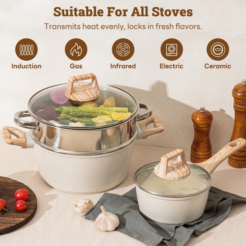 SODAY 17 Pcs Pots and Pans Set Non stickï¼ŒCookware Sets White Granite Induction Cookware, Non-toxic Healthy Non Stick Kitchen Cooking Set with Frying Pans Set, Saucepans (PFAS, PFOA, PFOS Free) White - Image 5