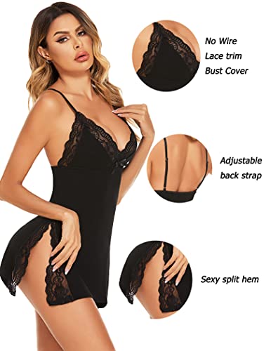 Avidlove Women's Sleepwear Sexy Chemise Nightgown Modal Sleepwear Full Slips Lace Babydoll Black M - Image 4
