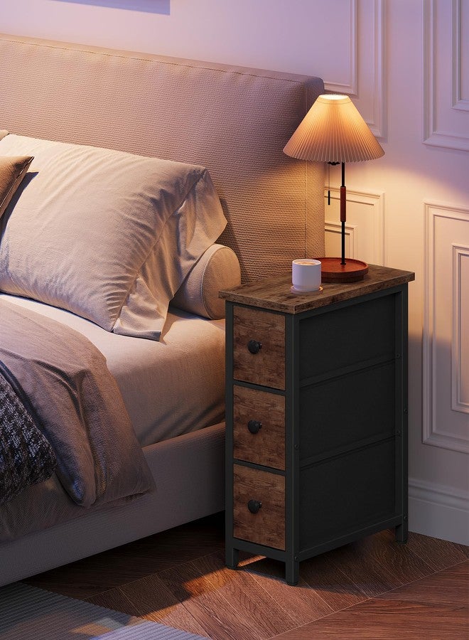 CHOEZON Narrow Side Table with 3 Fabric Drawers, Industrial Slim Bedside Table for Small Spaces, Bedroom, Living Room, Dormitory, Rustic Brown and Black TBZ09BF - Image 2