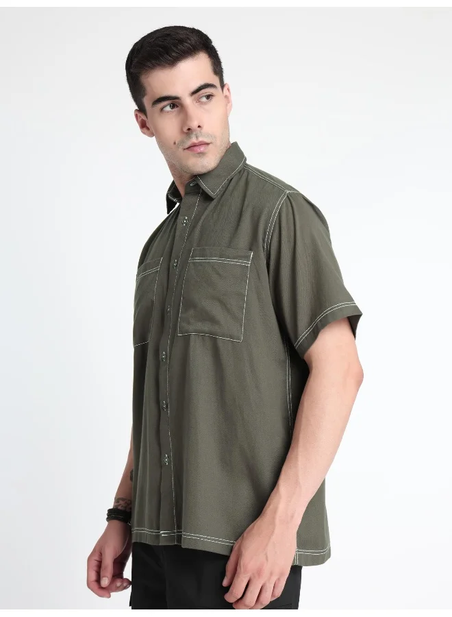 Beyoung Darkest Grey Contrast Stitch Urban Shirt for Men