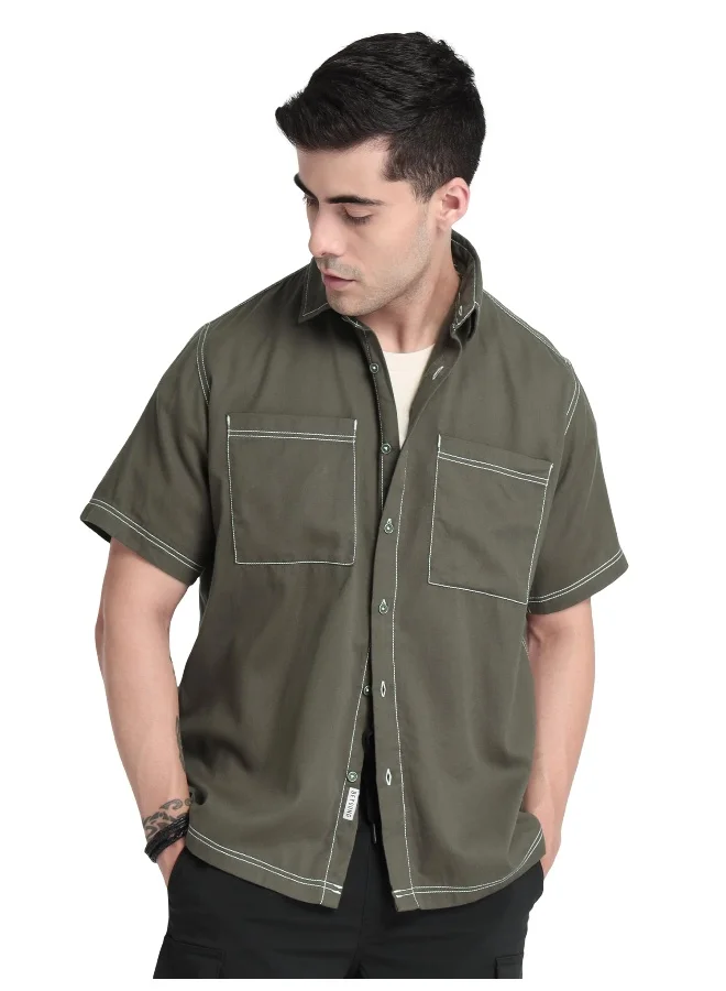 Beyoung Darkest Grey Contrast Stitch Urban Shirt for Men