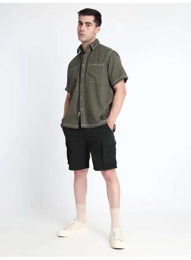 Beyoung Darkest Grey Contrast Stitch Urban Shirt for Men