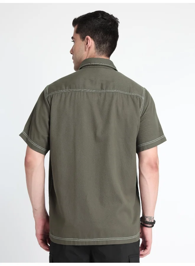 Beyoung Darkest Grey Contrast Stitch Urban Shirt for Men