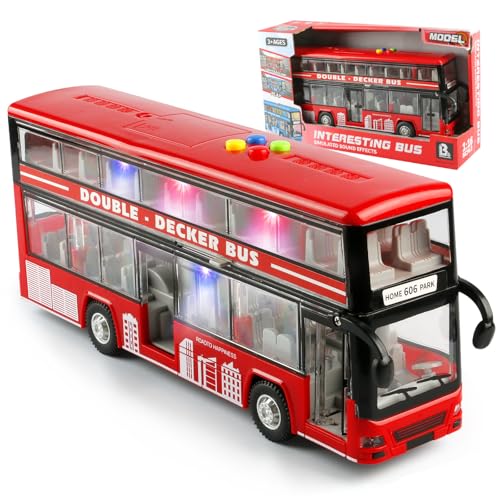 Cdymkf 1128cm Double Decker Bus Toy with Lights Sounds Scale116 Friction Powered Bus Toy for Kids with Indoor Ceiling Lights and 4 Different Sounds Gift for Kids Ages 3 Red - Image 1