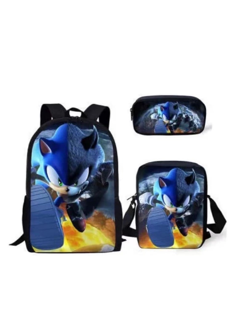 Sonic student large capacity backpack three piece set, anime cartoon backpack, shoulder bag pen bag