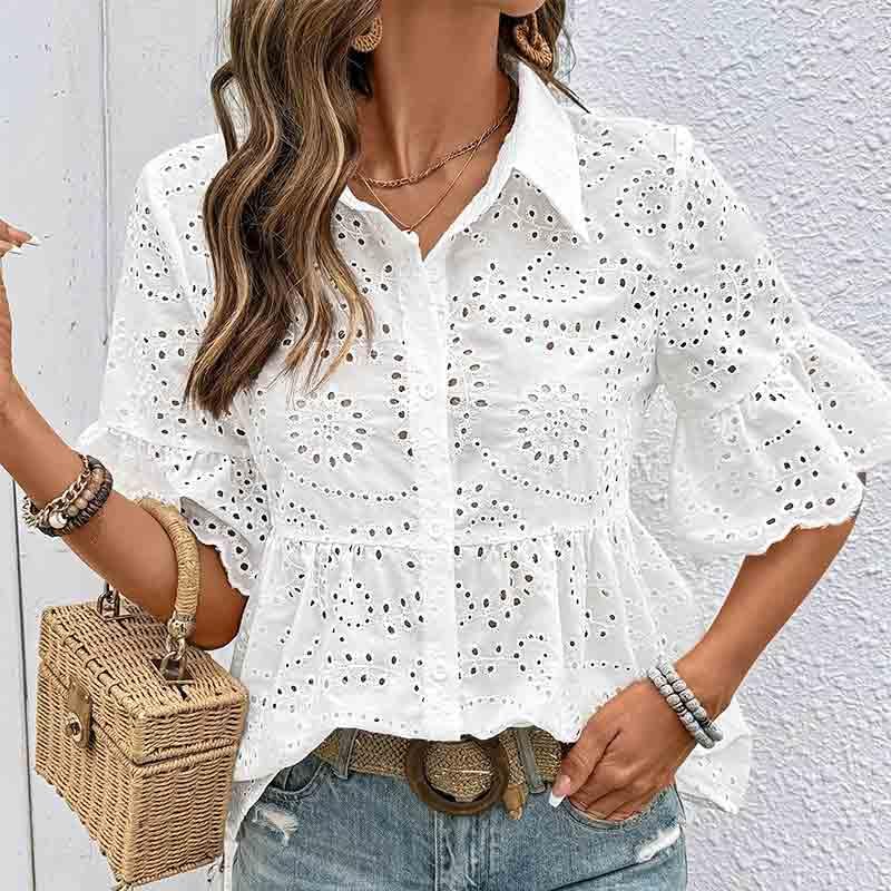 BXCNCKD Women's Elegant Hollowed Out Casual Shirt with Simple Lapel and Short Sleeve Shirts for Women (Medium,White) - Image 5