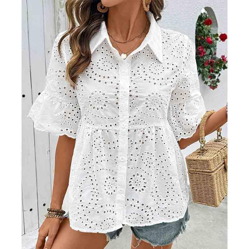 BXCNCKD Women's Elegant Hollowed Out Casual Shirt with Simple Lapel and Short Sleeve Shirts for Women (Medium,White) - Image 3