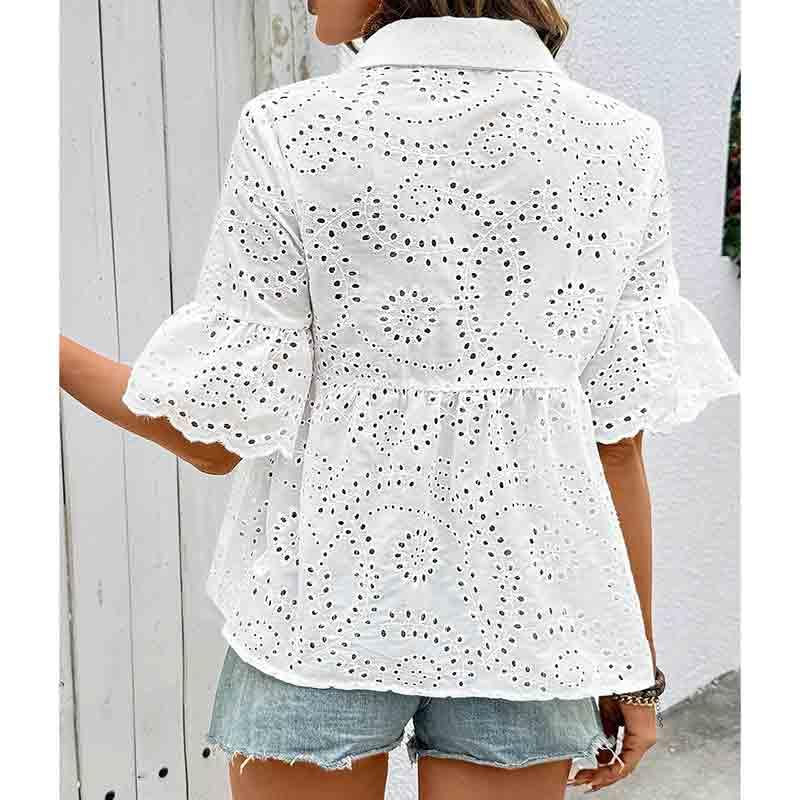 BXCNCKD Women's Elegant Hollowed Out Casual Shirt with Simple Lapel and Short Sleeve Shirts for Women (Medium,White) - Image 4
