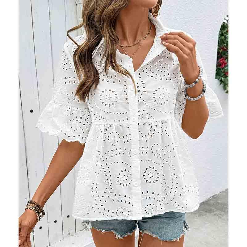 BXCNCKD Women's Elegant Hollowed Out Casual Shirt with Simple Lapel and Short Sleeve Shirts for Women (Medium,White) - Image 2